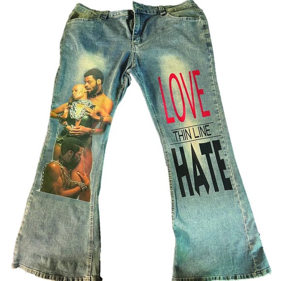 mens pre washed bell bottom jeans with urban art flare